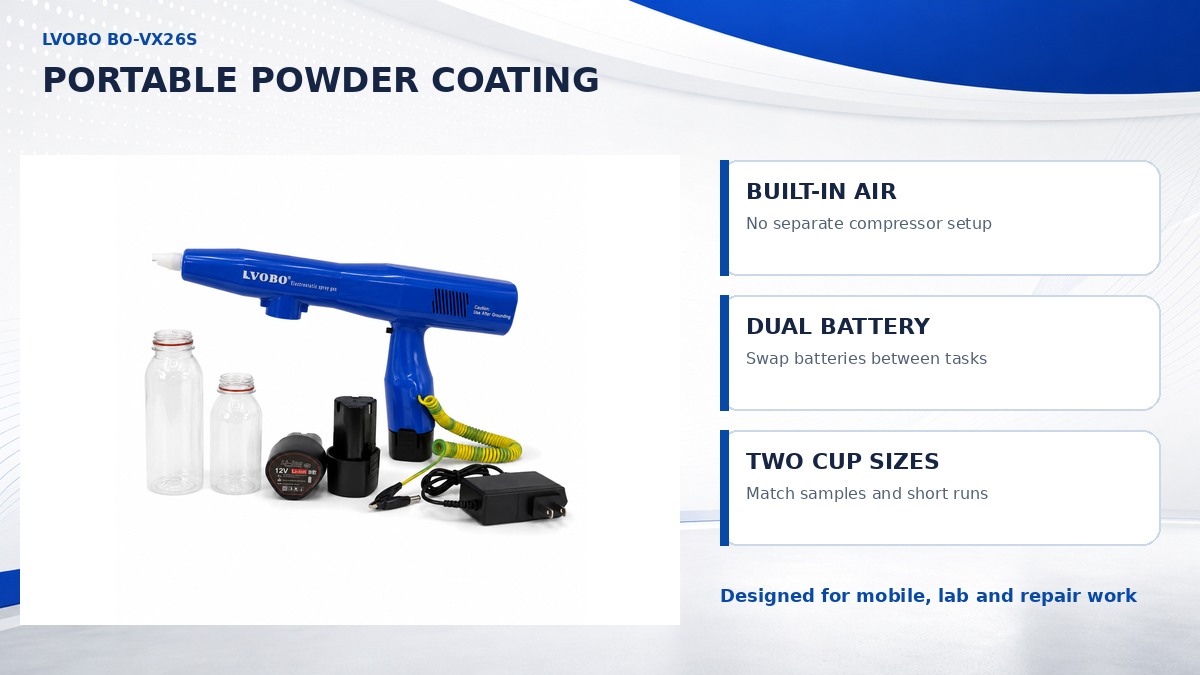 Portable LVOBO powder coating kit with built-in air supply and dual batteries