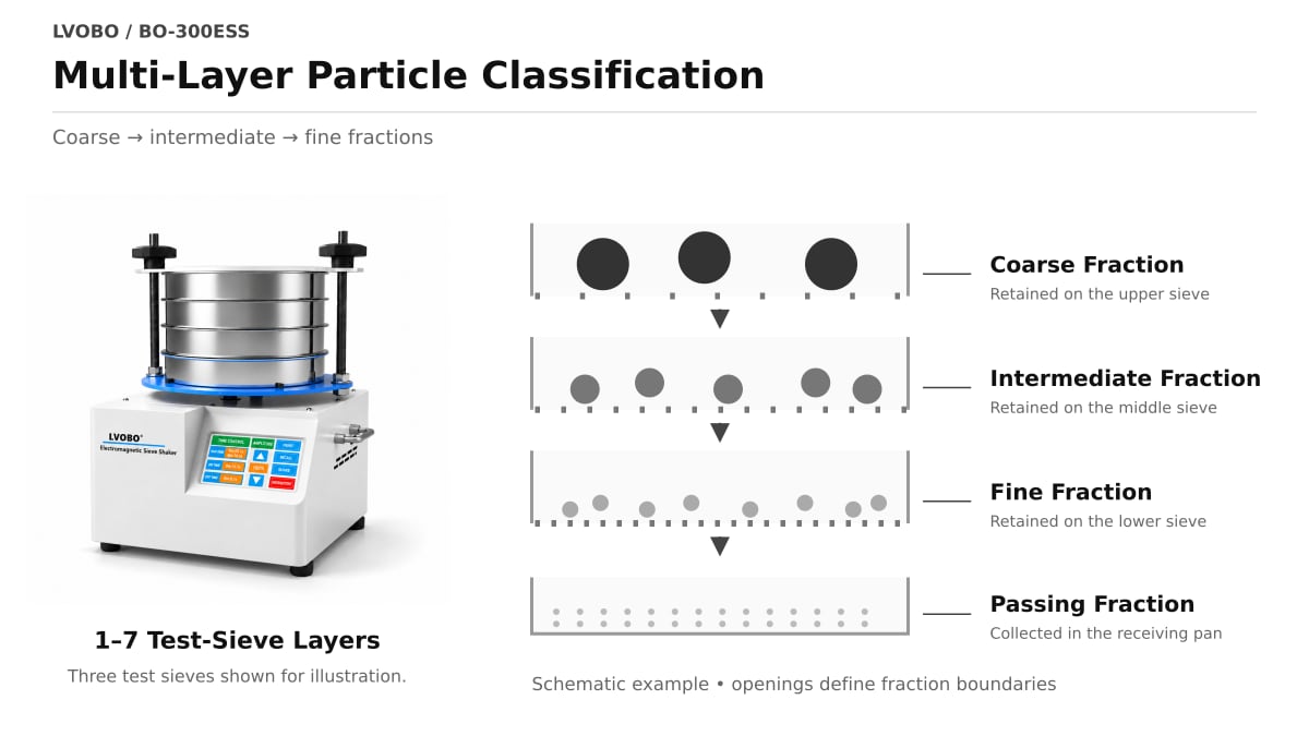 Illustrative coarse intermediate and fine fractions in a multi-layer test sieve stack
