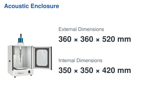 BO-UCH300F shared acoustic enclosure dimensions: external 360 by 360 by 520 mm and internal 350 by 350 by 420 mm