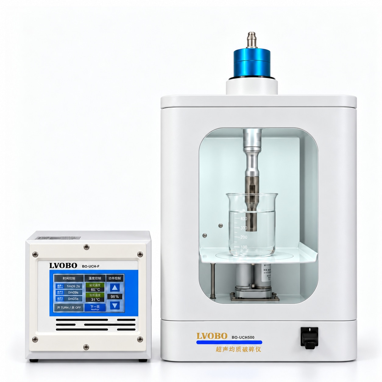 BO-UCH1000F 800W probe sonicator with acoustic enclosure and touchscreen controller