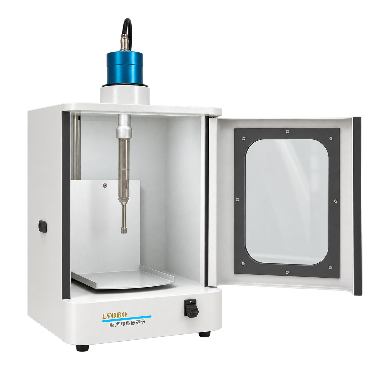 Open acoustic enclosure showing the probe and motorized sample platform